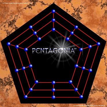 The first commerical version of our Pentagonia game board. No store quality copies remain. A few deeply discounted damaged boxes are still for sale. See credit card order page for further information.
